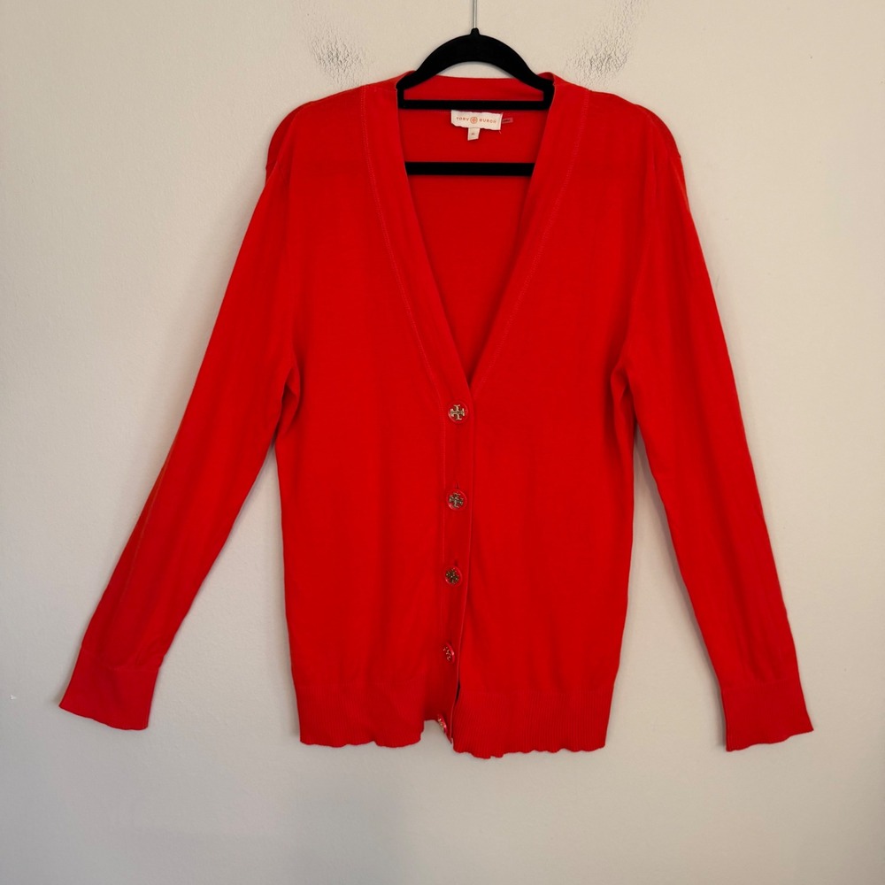 Tory Burch Simone cardigan XL orange red designer classic preppy cotton casual